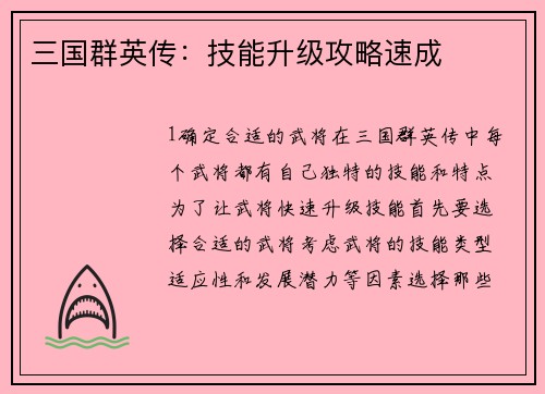 三国群英传：技能升级攻略速成